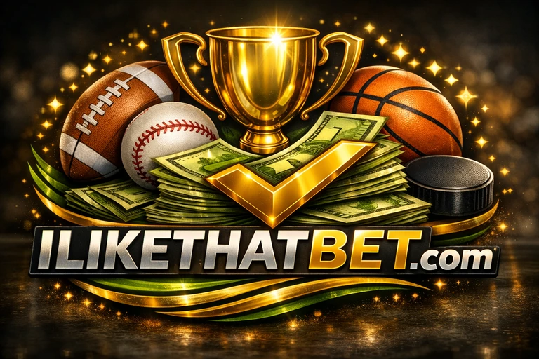 ILikeThatBet logo with trophy, sports equipment, and cash